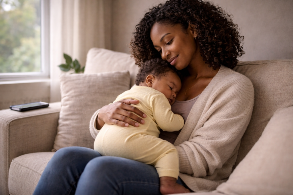 A Black mother journaling at night with a cup of tea under soft lamp light in a peaceful space.