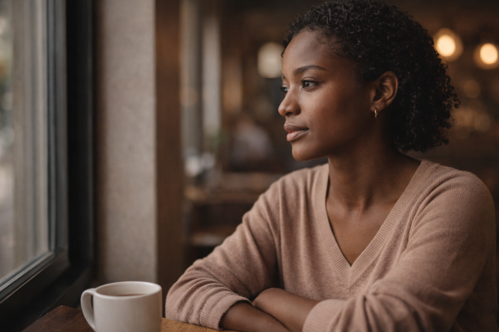 Thoughtful woman sitting alone in a quiet café, looking out the window in reflection and calm