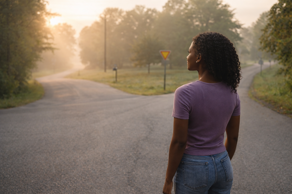 Thoughtful woman sitting alone in a quiet café, looking out the window in reflection and calm