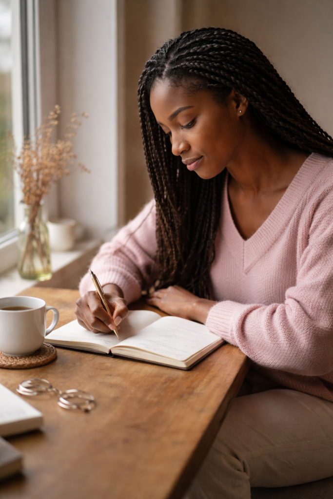 Black woman in pink attire writing in a notebook by a window with a cup of tea, reflecting on her personal growth plan
