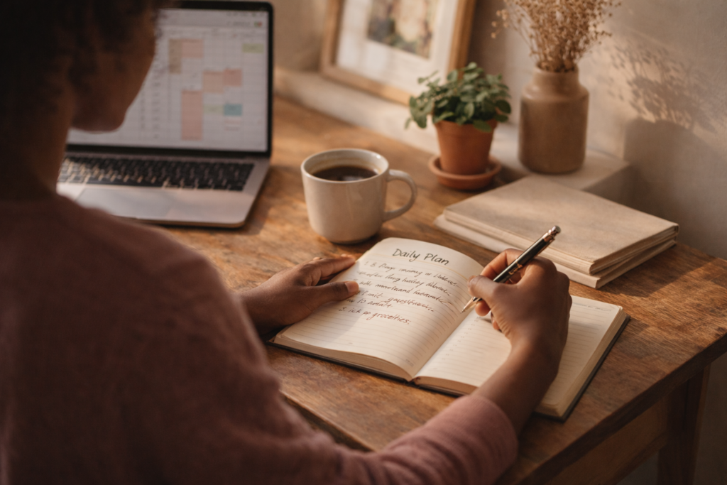 Person planning their day at a small desk with a laptop and notebook in a warm, peaceful home setting