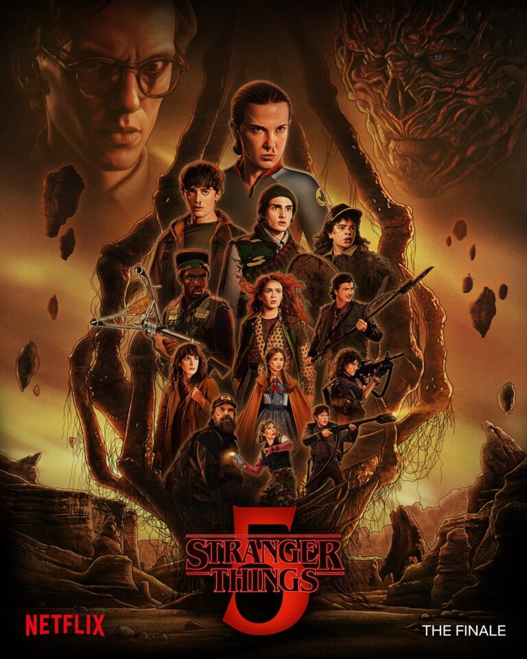 Stranger Things Season 5 final poster featuring the ensemble cast and supernatural elements