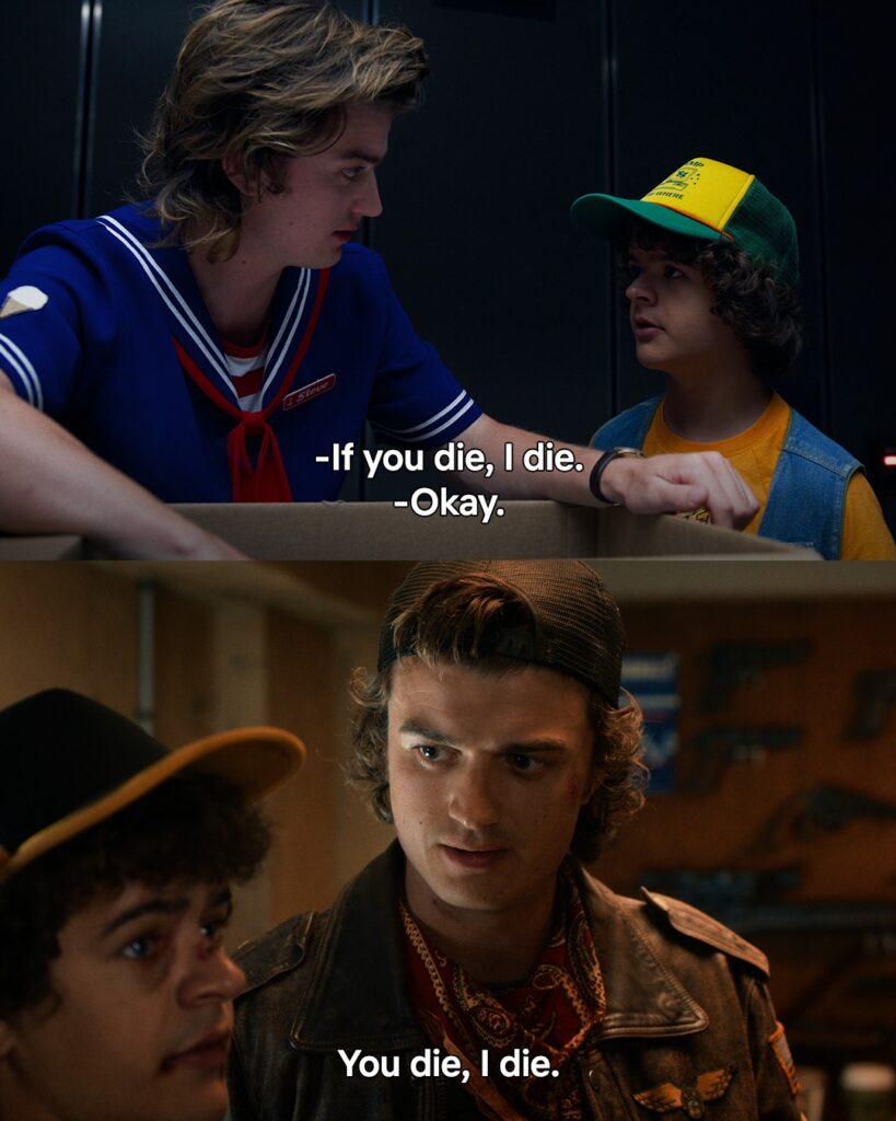 A tense elevator scene showing two friends expressing loyalty and trust