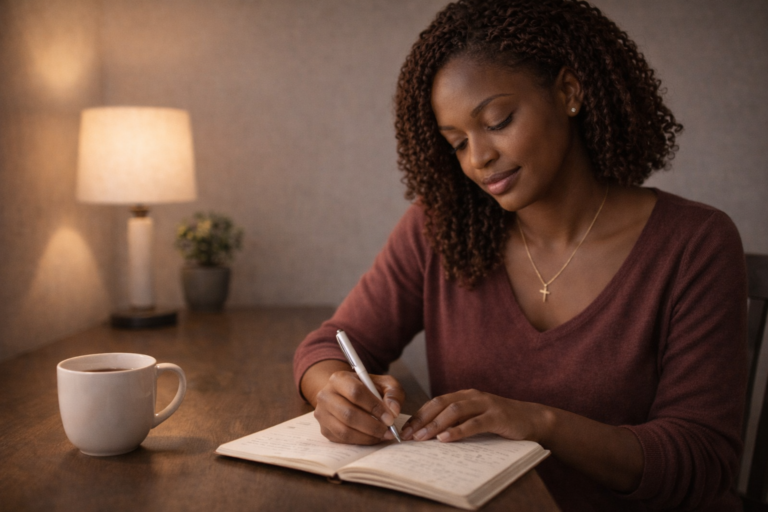 A Black woman journaling at night with a cup of tea beside her in a calm and reflective space.
