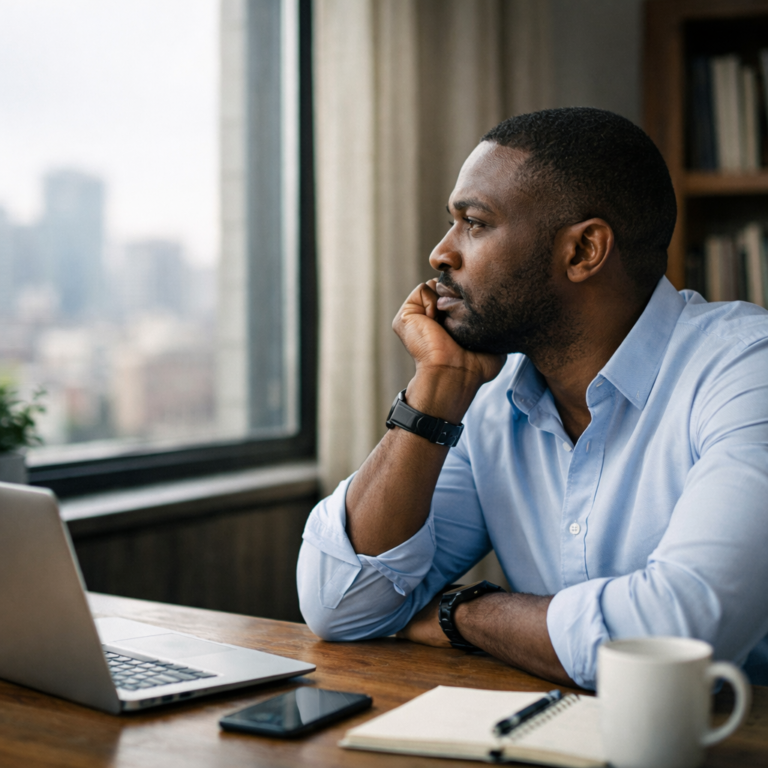 A thoughtful Black professional sitting at a desk and looking out a window, feeling stuck in the wrong career.