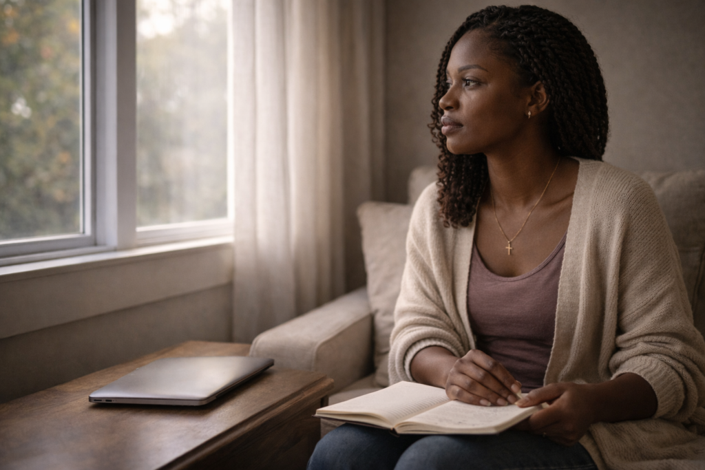 Trusting God while building a career you love as a woman reflects quietly by the window with her notebook and laptop