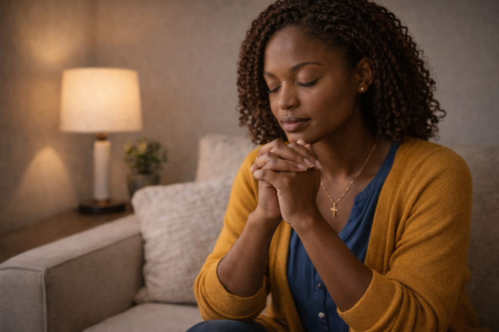 A Black woman praying quietly at home with eyes closed and hands clasped in a peaceful setting