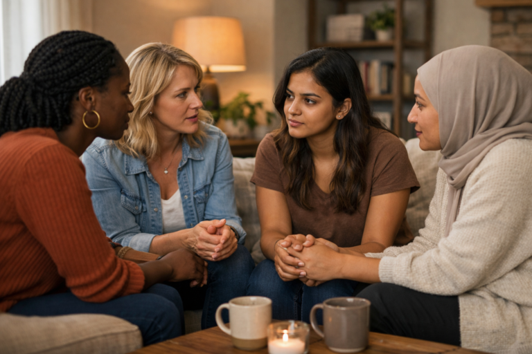 Diverse group of women sitting closely in deep supportive conversation indoors — be a safe space for other women