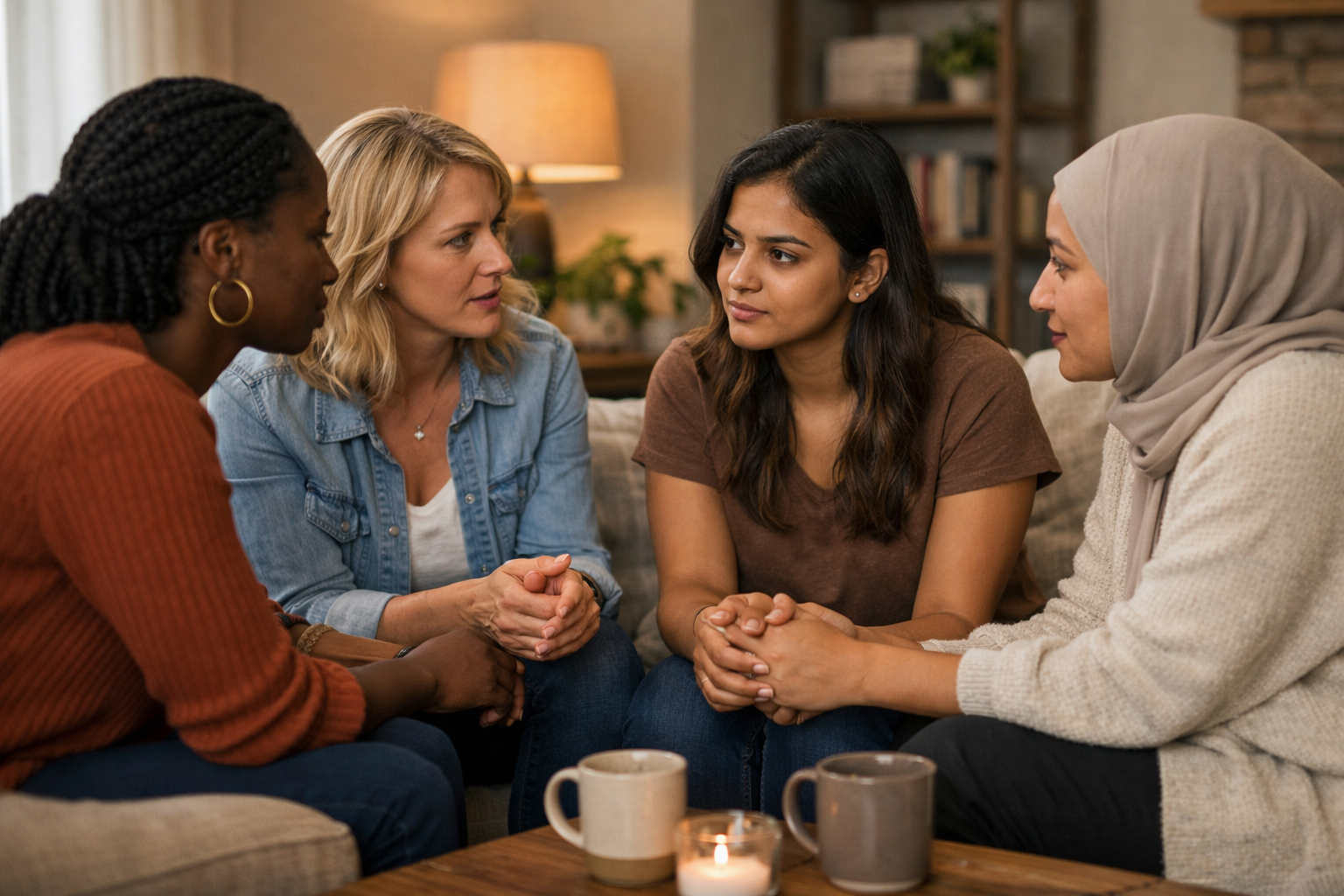 Diverse group of women sitting closely in deep supportive conversation indoors — be a safe space for other women