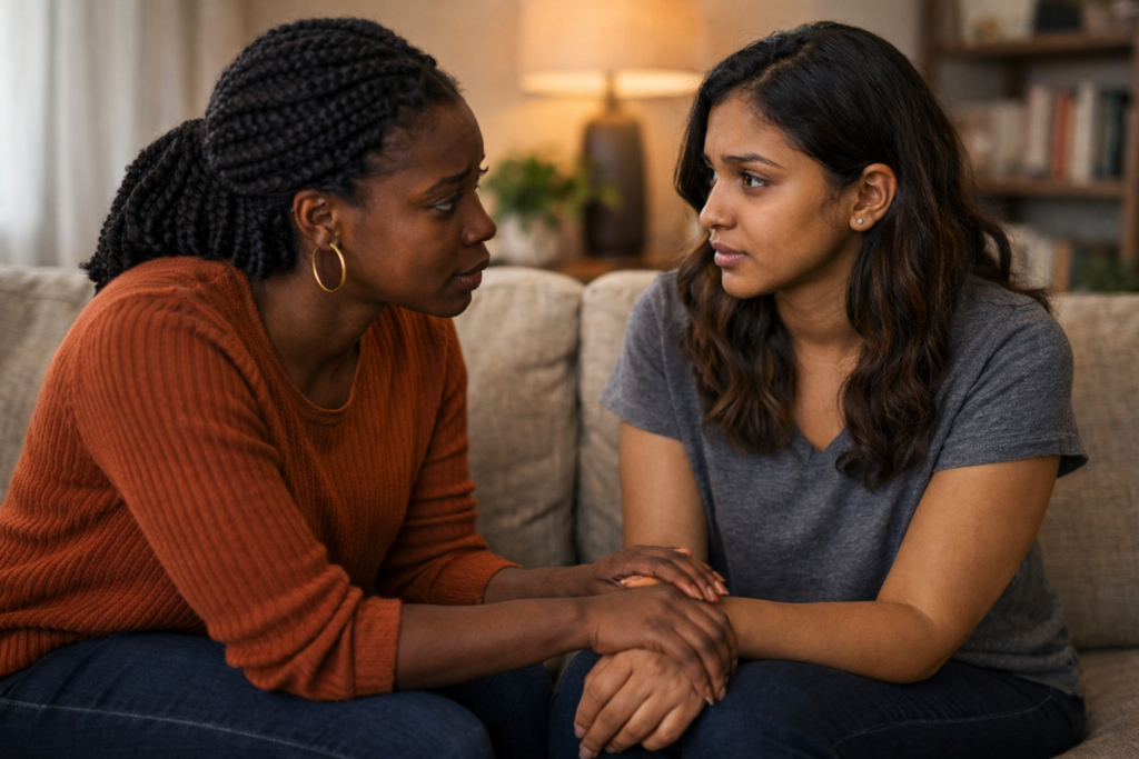 Two Black women sitting closely on a couch having a serious supportive conversation — be a safe space for other women
