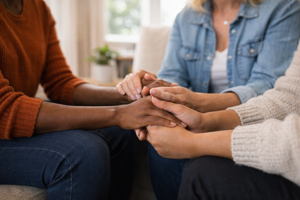 Women holding hands in solidarity in natural light, symbolizing support and sisterhood