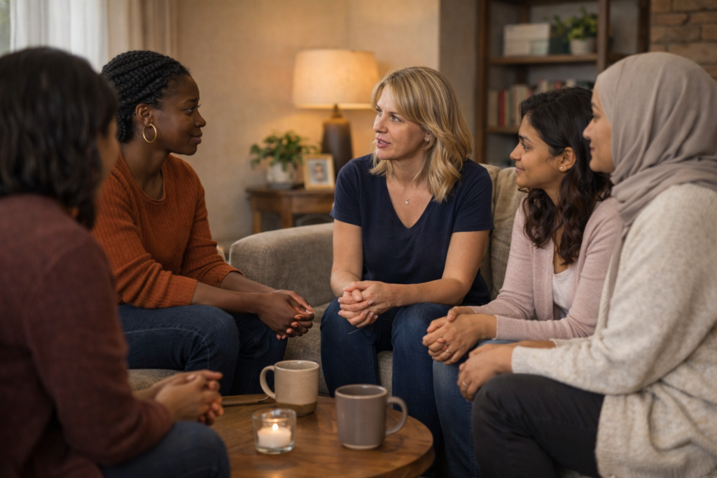 Small women support group meeting in a warm living room setting — be a safe space for other women