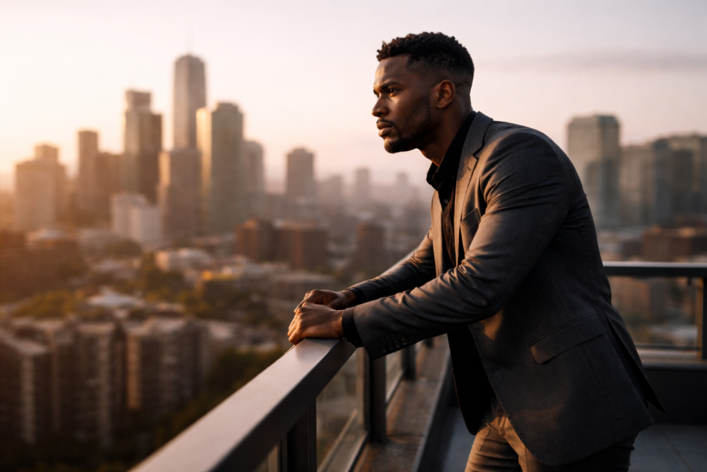 Black man in charcoal suit standing alone on a rooftop at sunrise reflecting on his life and discipline