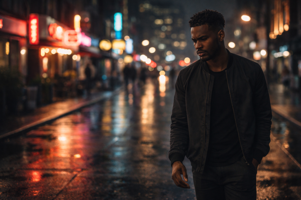 Black man walking alone at night past neon lights looking thoughtful and conflicted