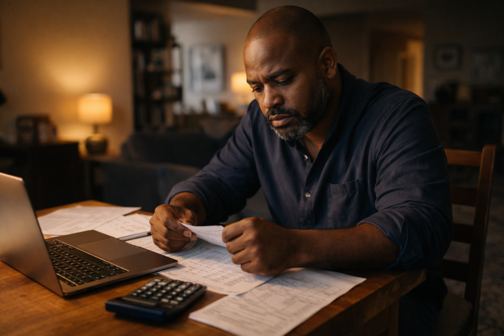 Black man reviewing bills and financial documents at home looking concerned and focused