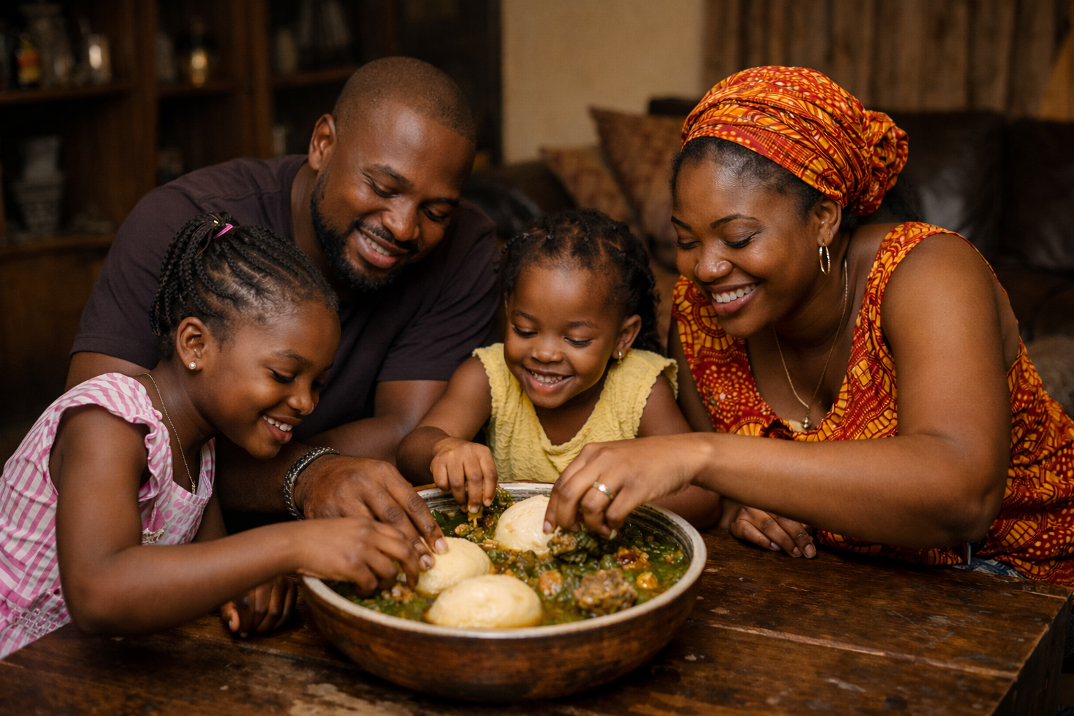 Black Ghanaian family of four eating banku and okra soup from one bowl at home, sharing a meal together in a warm family setting
