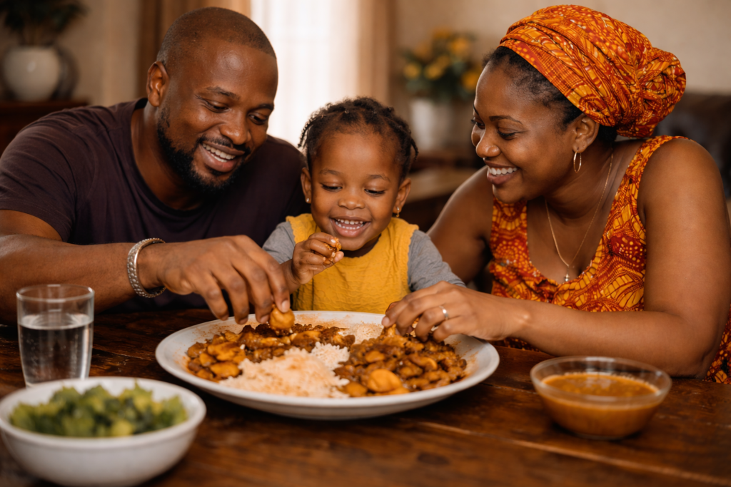 African mother, father, and toddler sharing a meal together at a dining table in a warm loving home