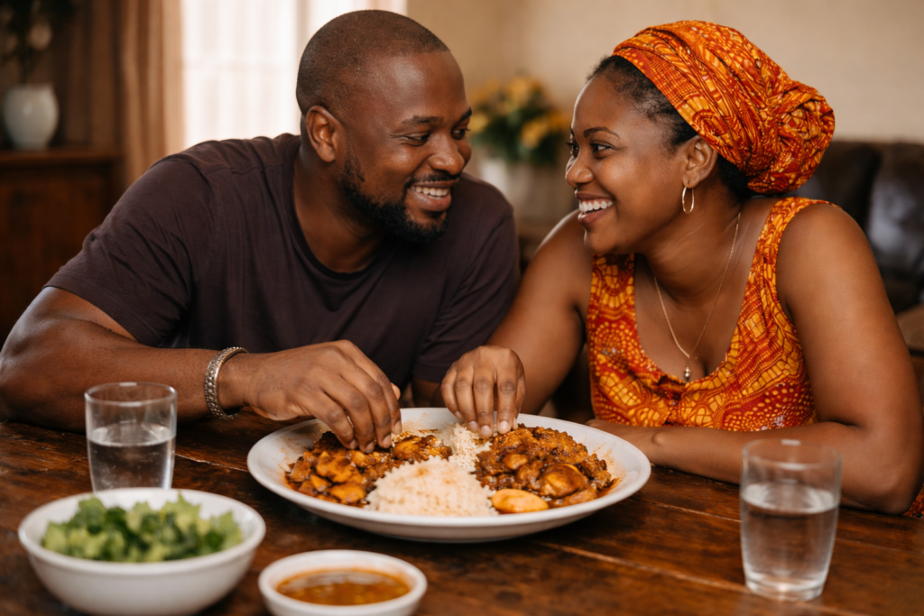 Traditional Ghanaian banku and okra soup in a shared bowl with family hands reaching in, symbol of unity and togetherness
