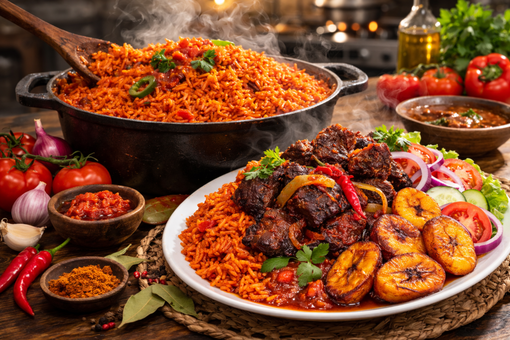 Pot of authentic Ghanaian jollof rice with rich red color and fried goat meat, steam rising in a home kitchen