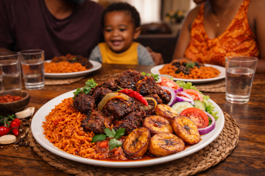 Plate of Ghanaian jollof rice with fried goat meat served on a family dining table with vibrant colors