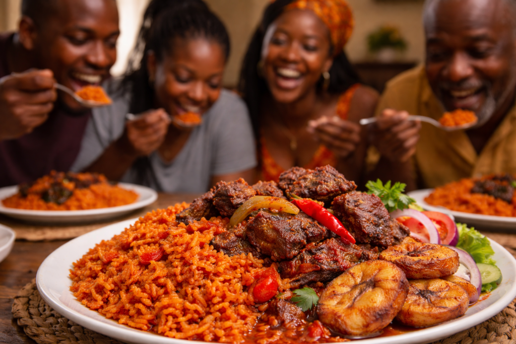 Close-up of Ghanaian jollof rice texture showing rich red grains while five Ghanaians enjoy eating in the background