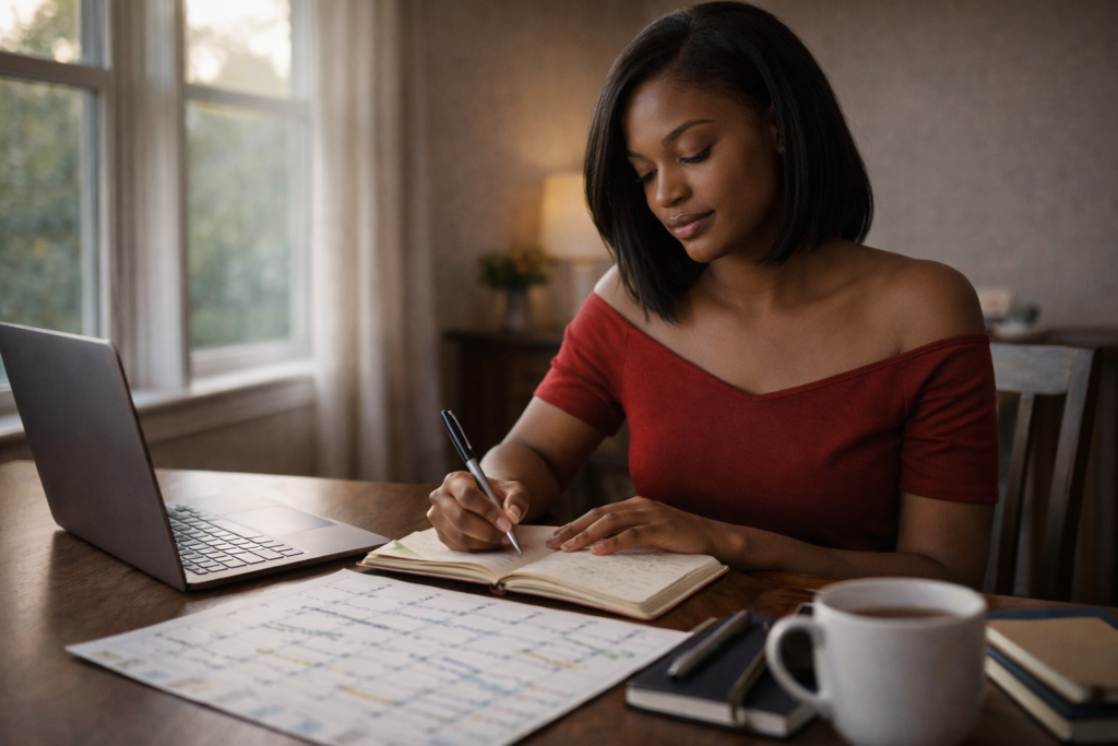 Focused Black woman staying productive while working full-time and studying at home in the early morning