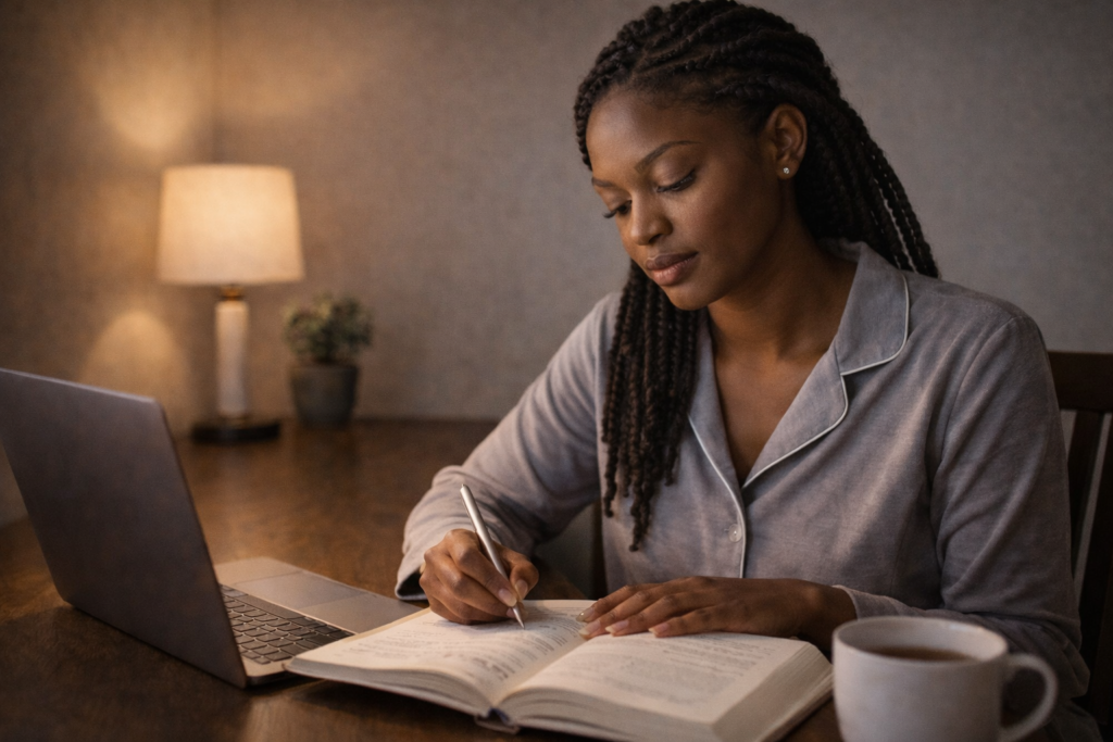 Black woman studying at night while working full-time and studying with limited time