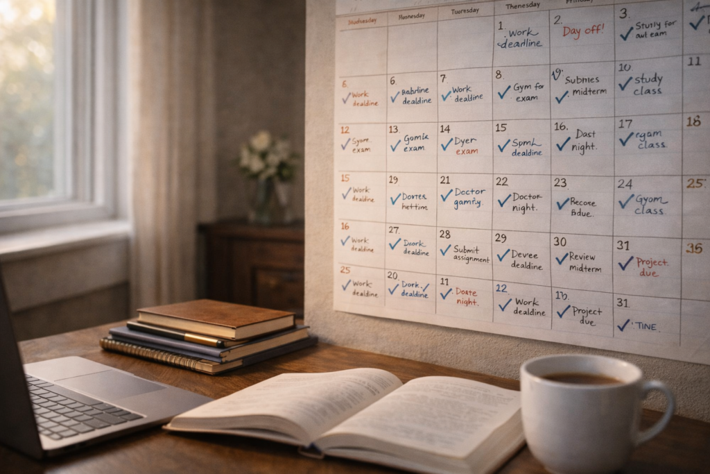 Wall calendar filled with handwritten tasks and checkmarks beside a desk with notebooks and pens