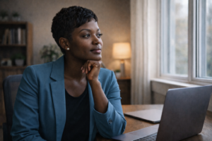 Career mistakes smart people make in their 20s and 30s reflected in a thoughtful Black professional woman sitting by a window