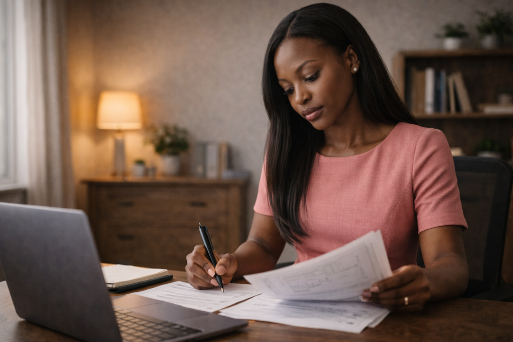 A professional Black woman reviewing salary documents and career notes at her desk