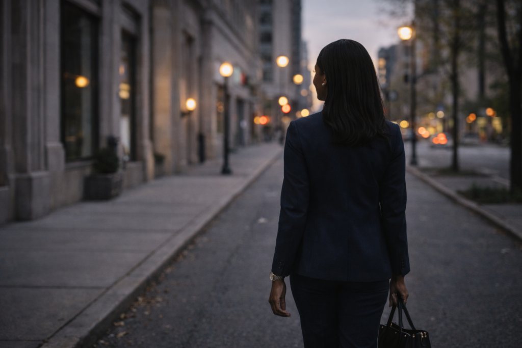 A Black professional walking alone on a quiet city street in a reflective moment