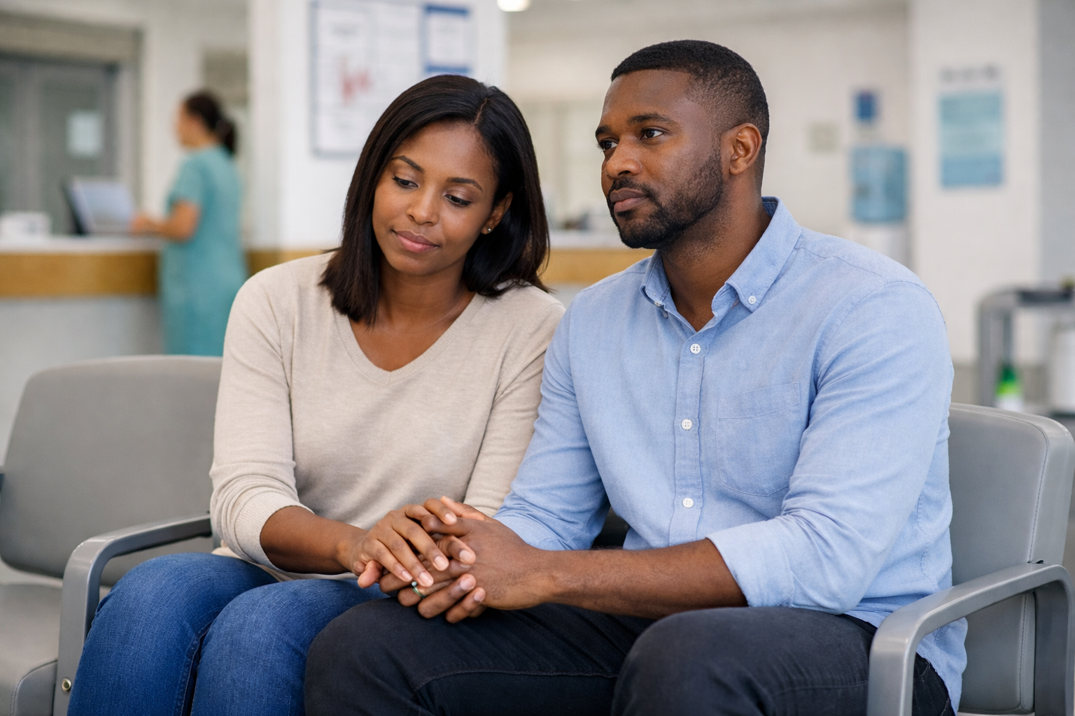 Ghanaian couple sitting together in a hospital waiting room holding hands, symbolising fertility testing and shared responsibility in male infertility in Ghana.