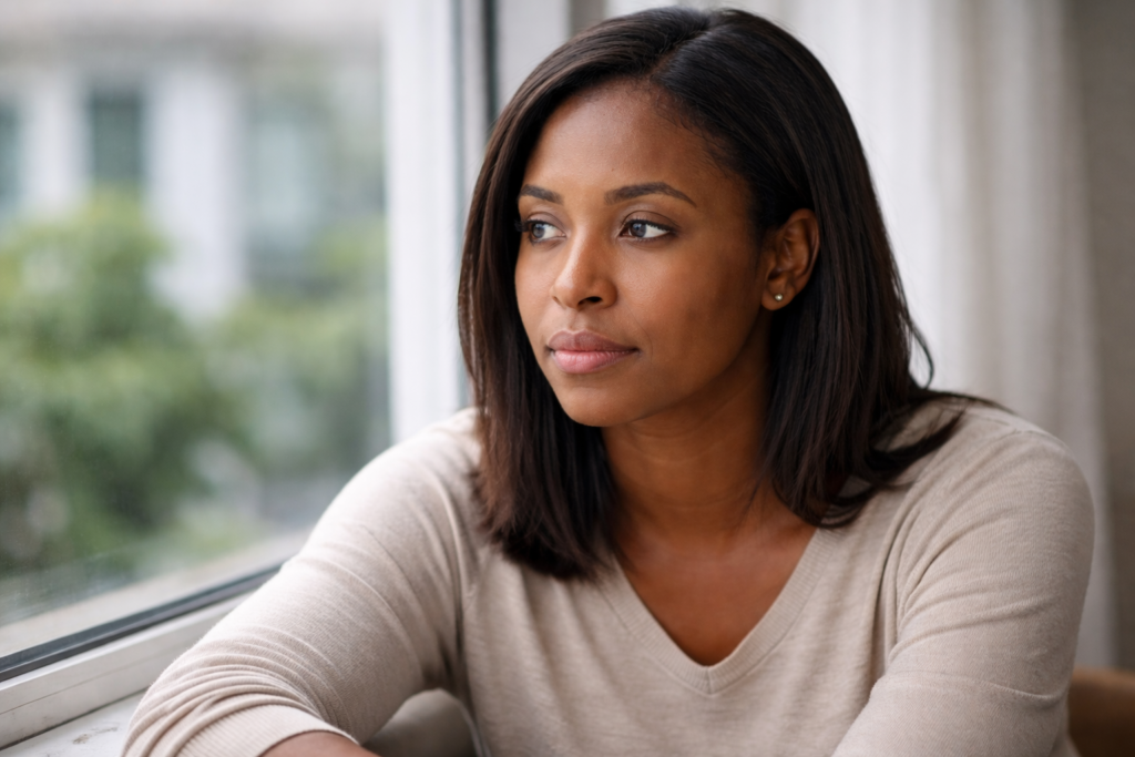 Reflective Ghanaian woman sitting by a window in Accra, emotional but strong, representing the silent burden women carry in cases of male infertility in Ghana.