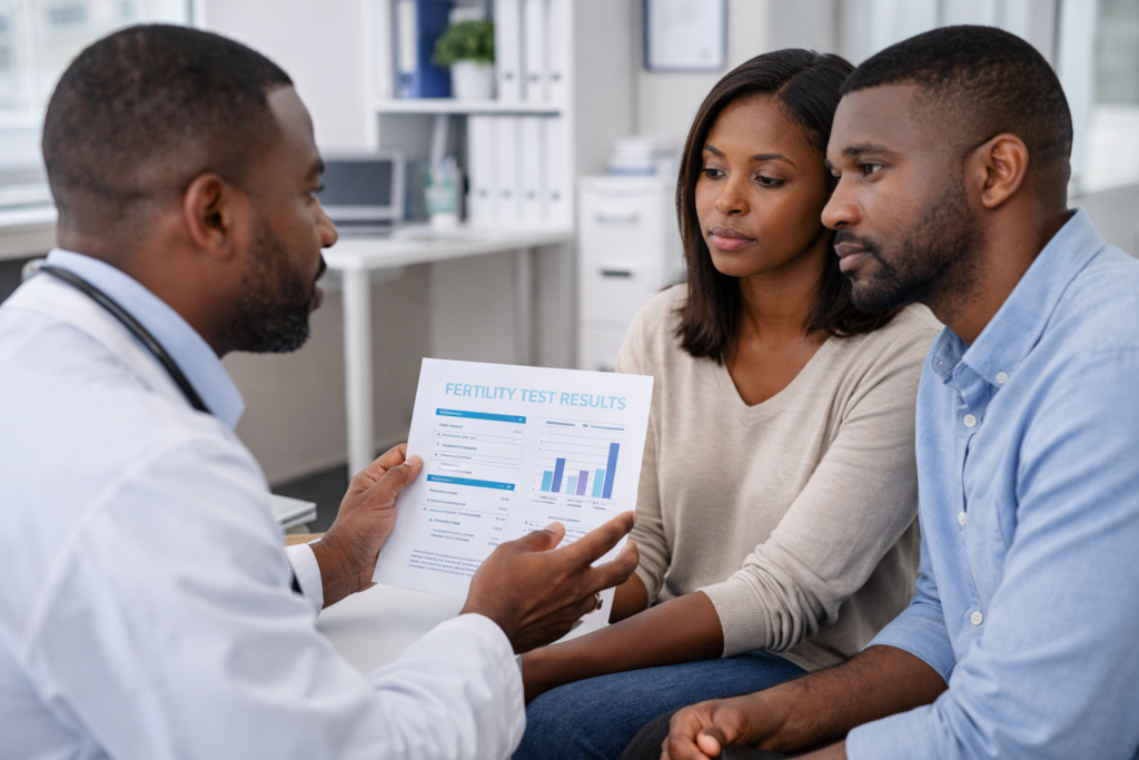 Doctor explaining fertility test results to a Ghanaian couple in a modern clinic, highlighting medical evaluation and male infertility in Ghana.