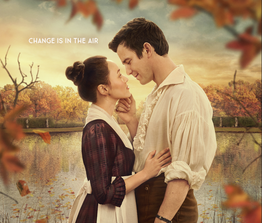 Benedict Bridgerton and Sophie Beckett standing closely by a lake in Bridgerton Season 4 Part 2, romantic emotional moment