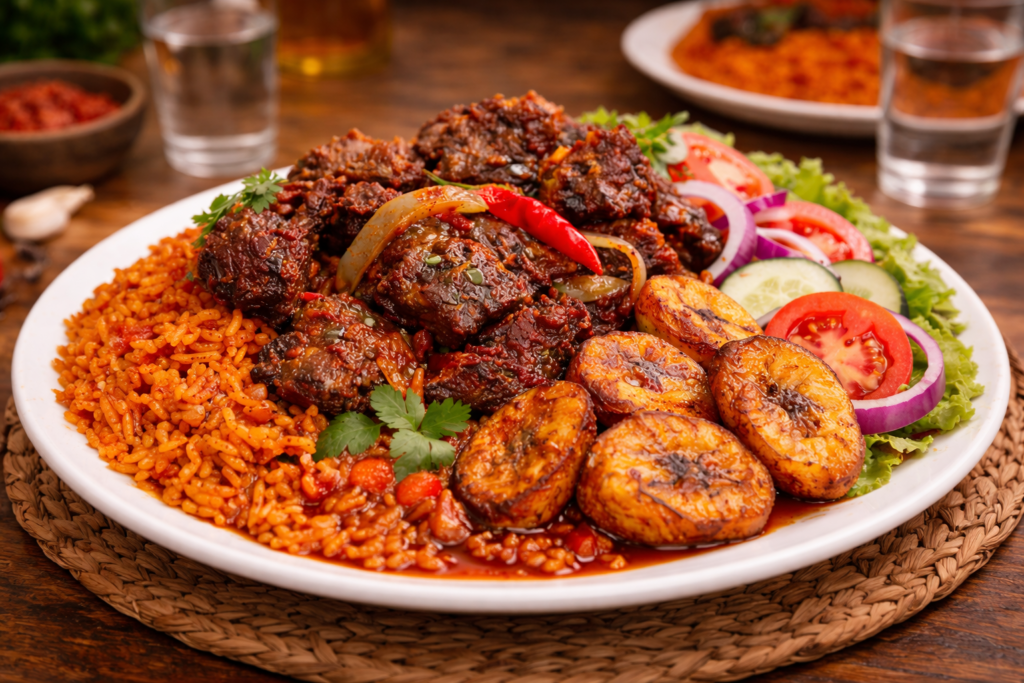 Finished Ghanaian jollof rice served with fried goat meat showing rich red color and authentic presentation
