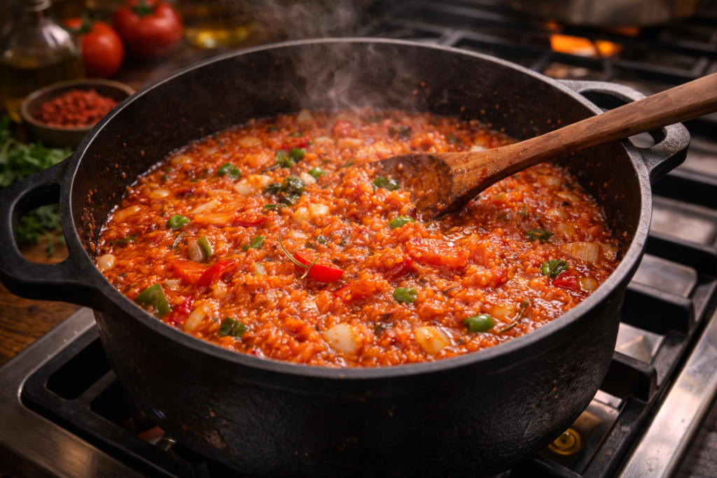 Tomato stew base frying in pot with oil, onions, and spices for authentic Ghanaian jollof rice preparation