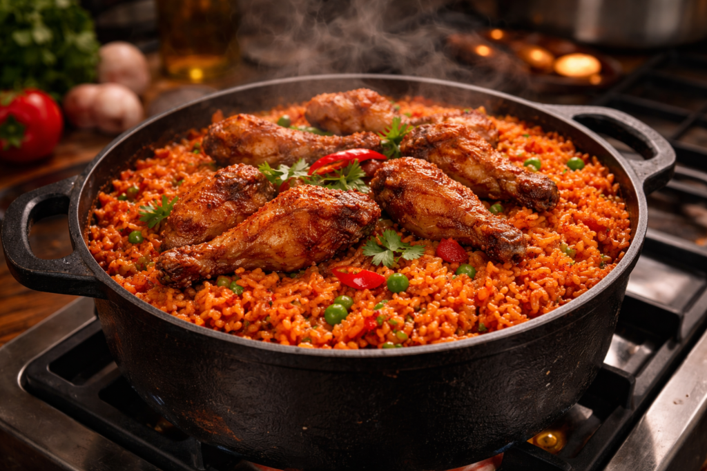 Authentic Ghanaian jollof rice cooking in a pot on a stove with fried chicken on top, rich red color and steam rising