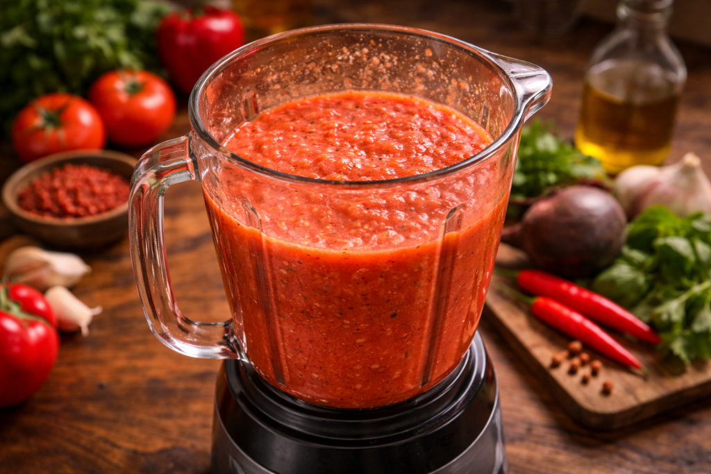 Blended tomato and pepper mix in blender prepared as stew base for authentic Ghanaian jollof rice
