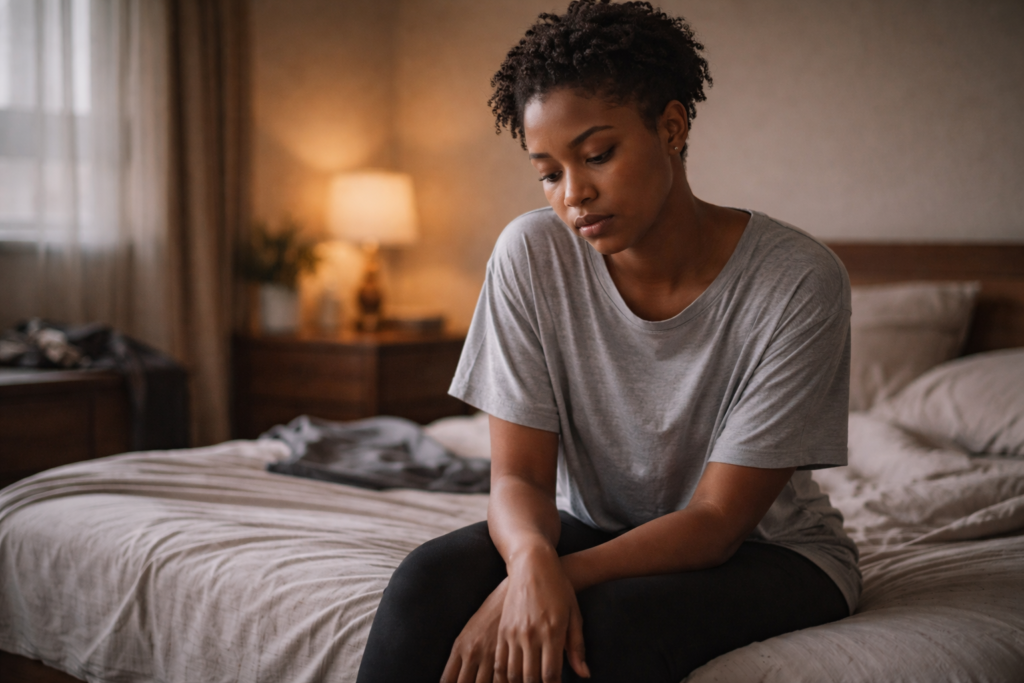 Young Ghanaian woman sitting on her bed looking down, feeling lost in life and deep in thought