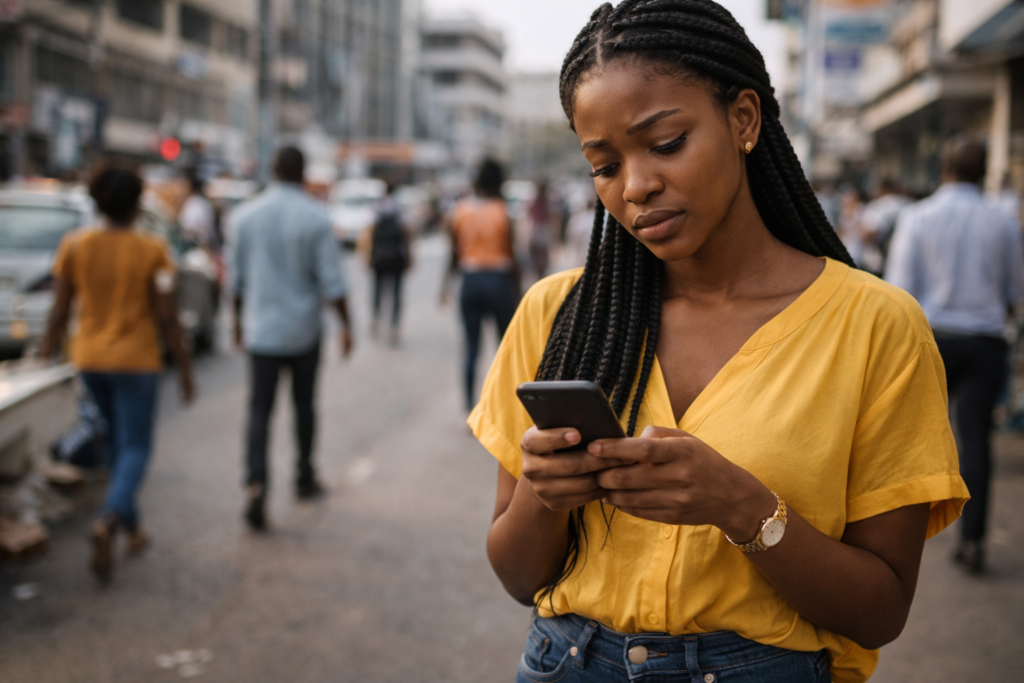 Ghanaian woman standing on a busy street looking at her phone with a thoughtful and overwhelmed expression