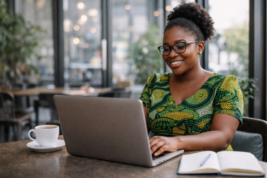 Young Ghanaian woman journaling with tea, reflecting and trying to find direction in life