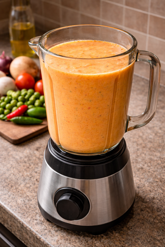 Smooth blended mixture of garden eggs, tomatoes, and pepper in a blender for Ghanaian light soup preparation