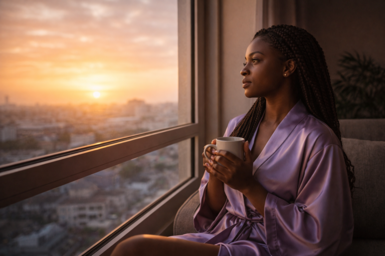 Ghanaian woman in a lavender satin robe sitting by a window at sunrise holding a mug, looking calm and deeply reflective
