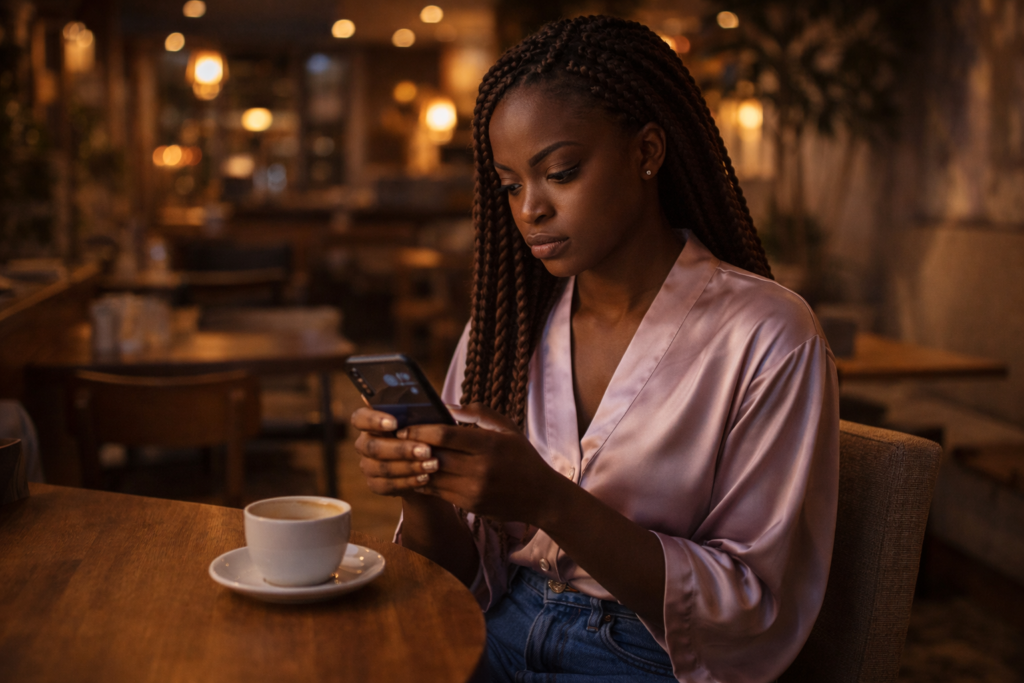 Ghanaian woman in silk blouse and jeans sitting alone in a café looking at her phone with unread messages, appearing conflicted