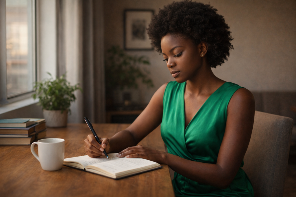 Ghanaian woman with natural afro in a green dress writing in a journal at a wooden desk with soft daylight