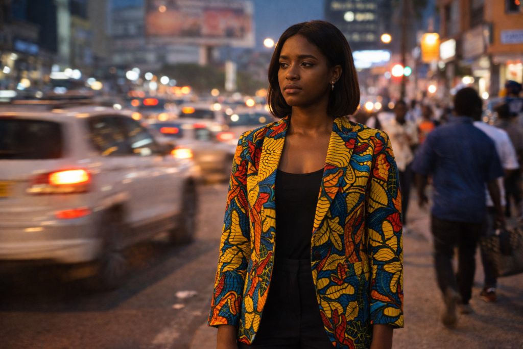 Ghanaian woman in Ankara blazer standing still at a busy Accra street with blurred motion around her, looking conflicted and deep in thought