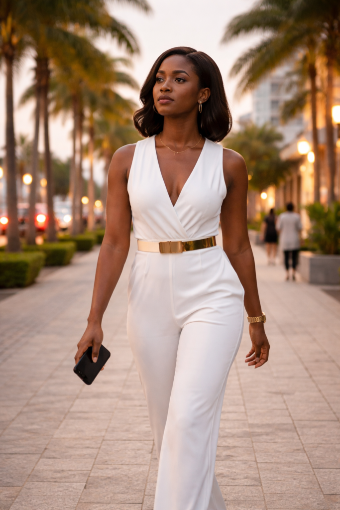 Confident Ghanaian woman in a white jumpsuit walking alone on a palm-lined pavement, looking calm and reflective