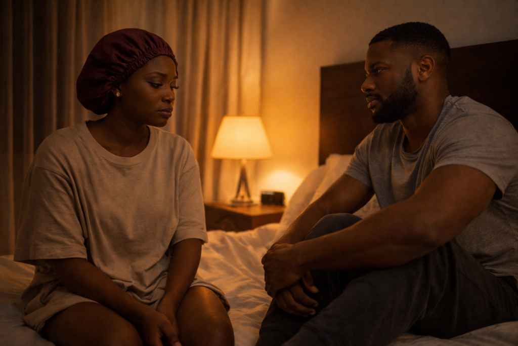 Ghanaian couple in a softly lit bedroom having a serious late-night conversation, showing vulnerability and emotional tension