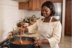 African woman cooking food in a home kitchen while preparing a family meal. What cooking for my family taught me about love.